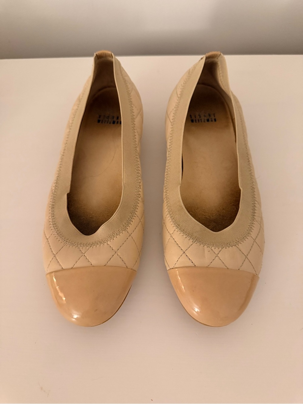 Stuart Weitzman Beige Quilted Cap-Toe Ballet Flats
